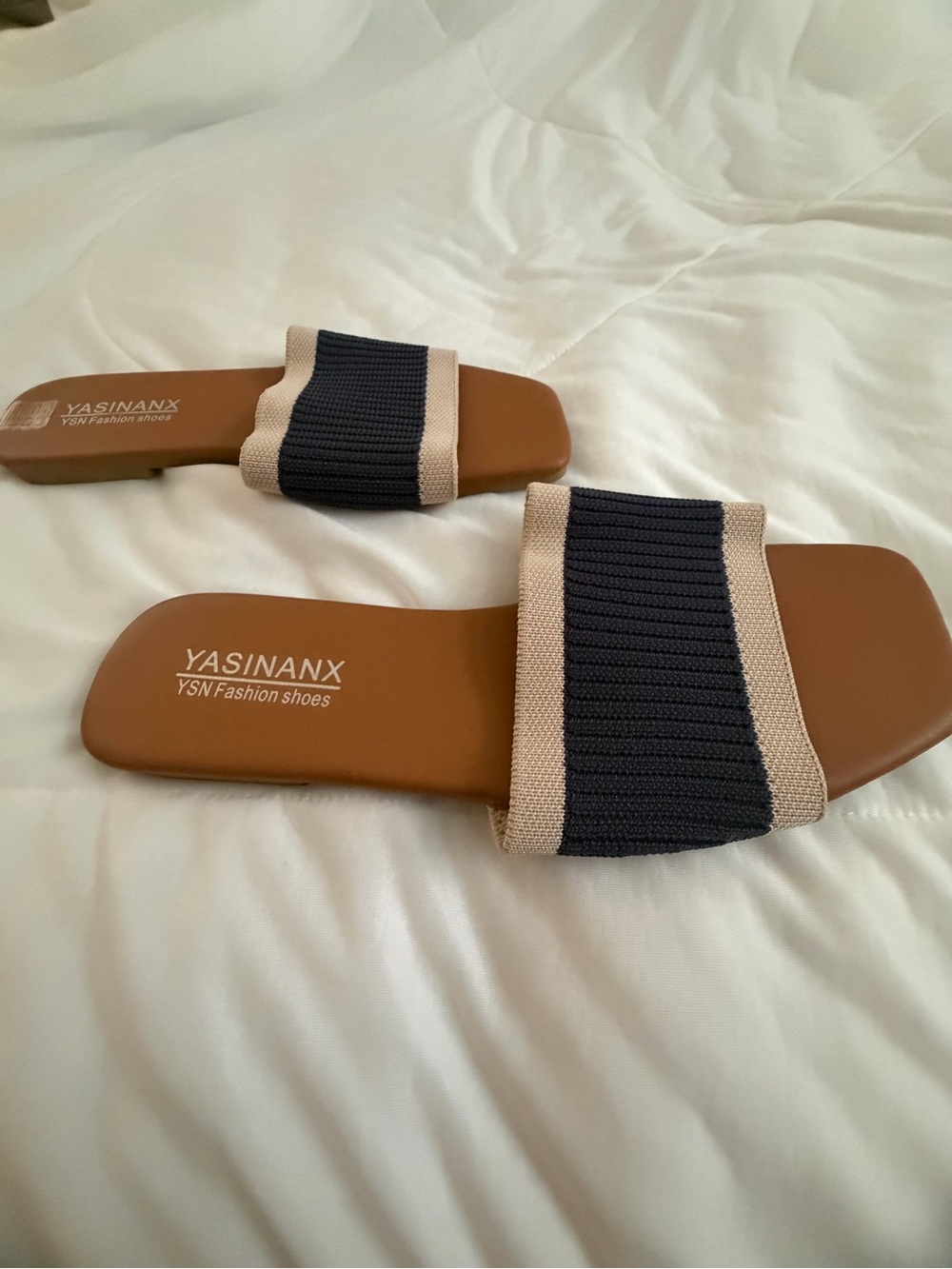 Navy and Tan Knit Slide Sandals